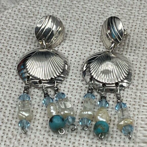 90's Handmade Sterling Silver Double Shell Earrings with Turquoise - Picture 6 of 16